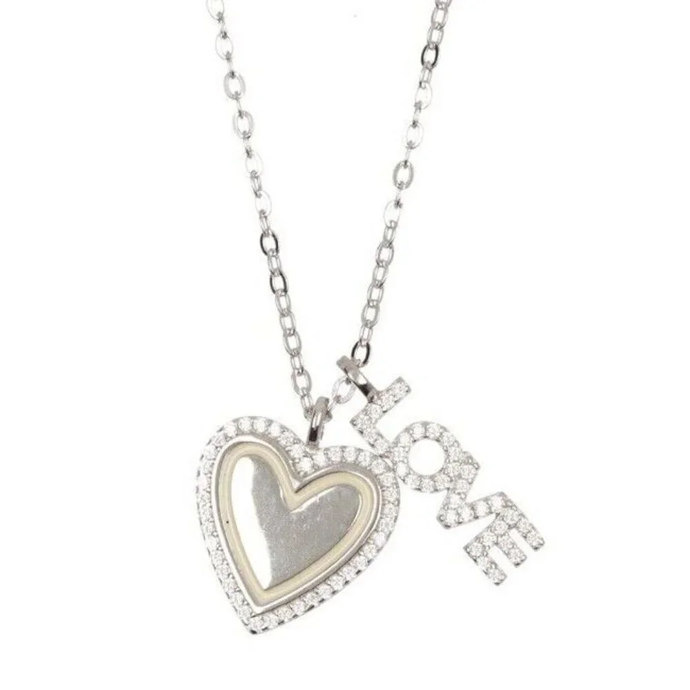 Lesa Michele Sterling Silver CZ Surrounding Heart & Love CZ Pendant Necklace